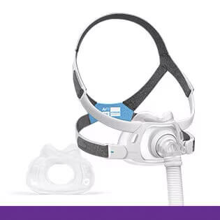 Cut-outs of the ResMed AirFit F40 full face CPAP mask headgear and cushion.