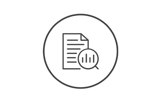 A black circular icon on a white background with a text and magnifying glass symbol representing data sharing